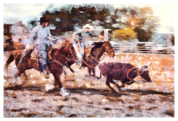 illustrazioni stock, clip art, cartoni animati e icone di tendenza di azione rodeo di squadra - manipolazione fotografica digitale - illustration and painting animal cowboy horse