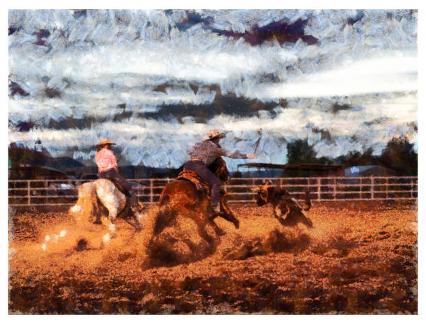 illustrazioni stock, clip art, cartoni animati e icone di tendenza di azione rodeo di squadra - manipolazione fotografica digitale - illustration and painting animal cowboy horse