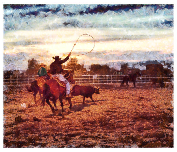 illustrazioni stock, clip art, cartoni animati e icone di tendenza di azione rodeo di squadra - manipolazione fotografica digitale - illustration and painting animal cowboy horse