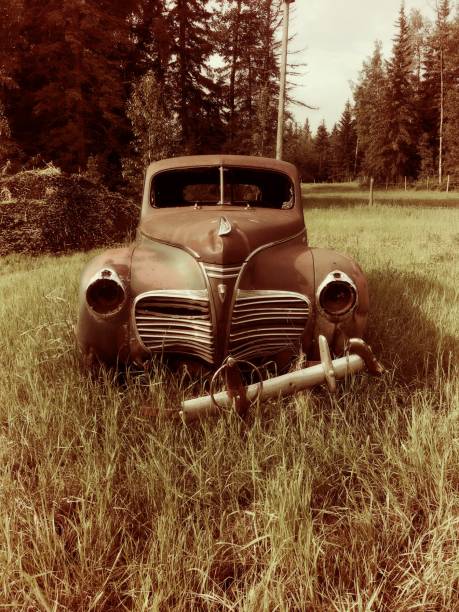 Front-end of an Early 40's rusty Plymouth car in field with trees in background. Picture was taken in High Prairie, Alberta Canada. Sepia colors.