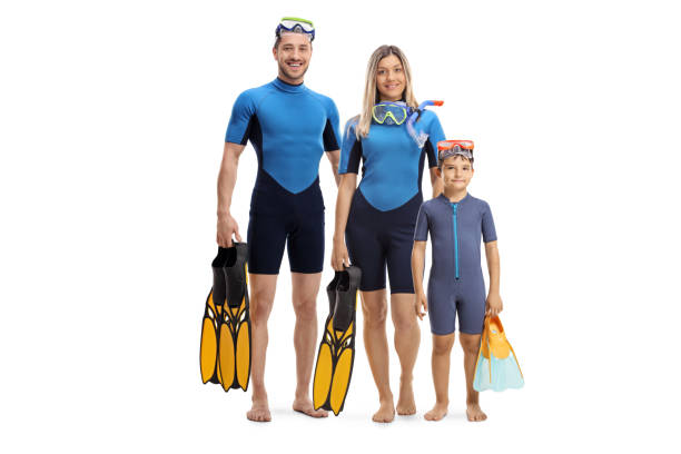 istock Family in wetsuits, holding diving flippers and posing 1158297527