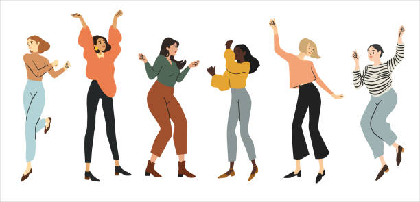 흰색 배경에 고립 된 그룹 행복한 춤 사람들. 댄스 파티 일러스트 - happy woman stock illustrations