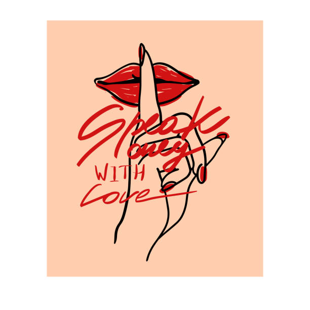 ilustrações, clipart, desenhos animados e ícones de mulher do slogan do typography com o dedo na ilustração dos bordos - finger on lips whispering secrecy women