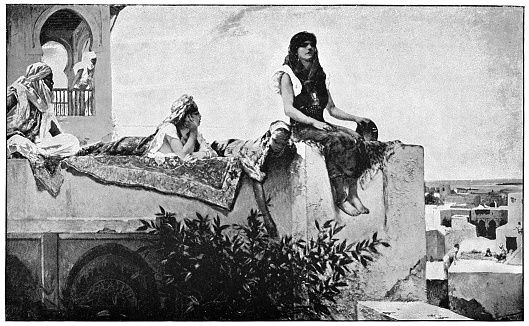 Evening on the Terraces (Morocco) by Jean-Joseph Benjamin-Constant (circa 19th century). Vintage etching circa late 19th century.