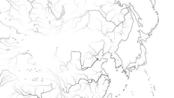 Vector illustration of World Map of FAR EAST REGION: Japan, Korea, China, Manchuria, Siberia, Yakutia, Mongolia, Buryatia, Dzungaria, Huang-He and Yangtze River. Geographic chart with oceanic coastline and main rivers.