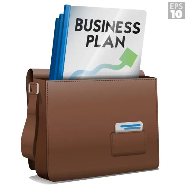 Vector illustration of Leather attache briefcase from entrepreneur with bound business plan folders and business cards ready to be distributed to potential investors for business start-up.