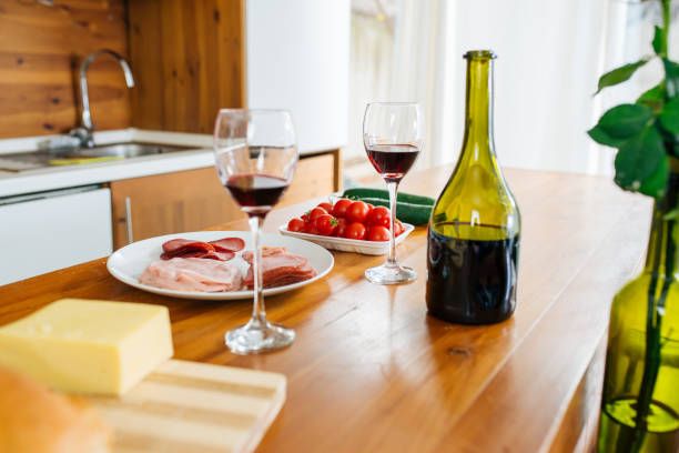 Delicious appetizers on wooden table
