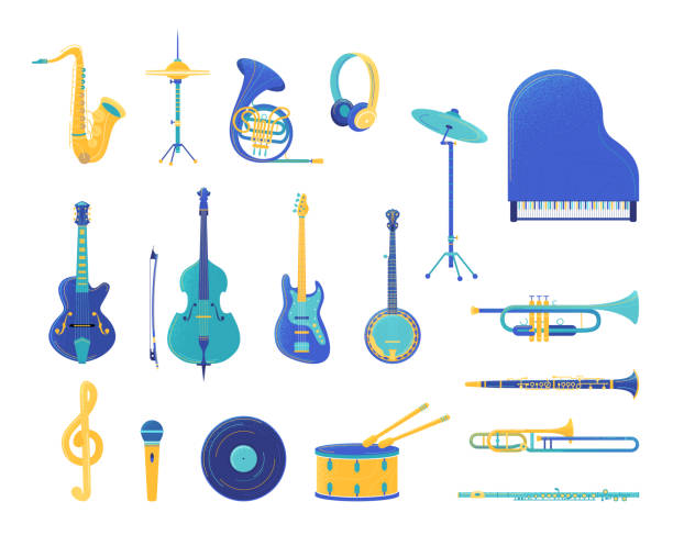 musikinstrumente flache vektor-illustrationen set - wind instrument audio stock-grafiken, -clipart, -cartoons und -symbole