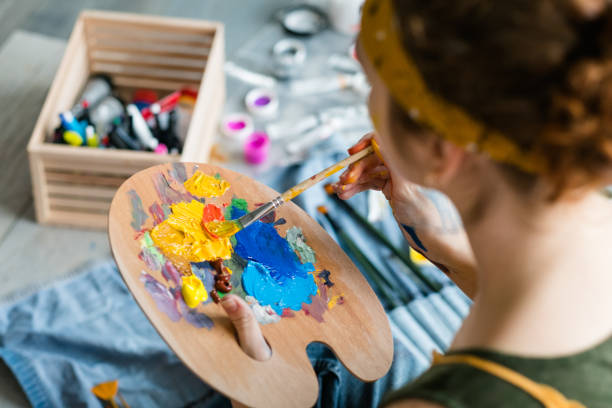 istock artist essential tools wooden palette mix paint 1158304951