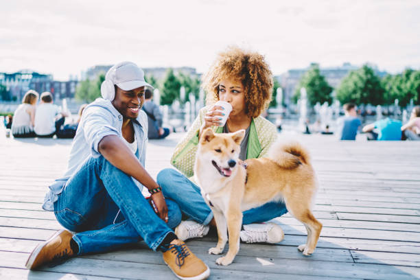 pareja de piel oscura positiva en el amor vestido con ropa casual divirtiéndose y pasando tiempo libre junto con el perro en el entorno urbano. alegre joven afroamericano y mujer bebiendo café para ir - couple outdoors coffee friendship fotografías e imágenes de stock