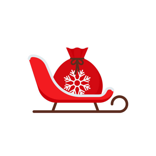 Santa sleigh. Christmas icon. Vector illustration in flat design. Santa sleigh with bag. Christmas icon. Vector. Red sledge. Holiday symbol isolated on white background in flat design. Cartoon colorful illustration. december clipart pictures stock illustrations