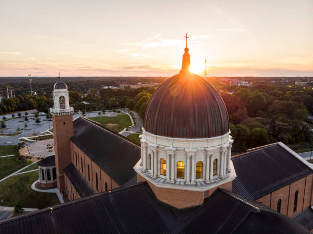 Aerial View of Cathedral in Raleigh, NC at Sunset stock photo