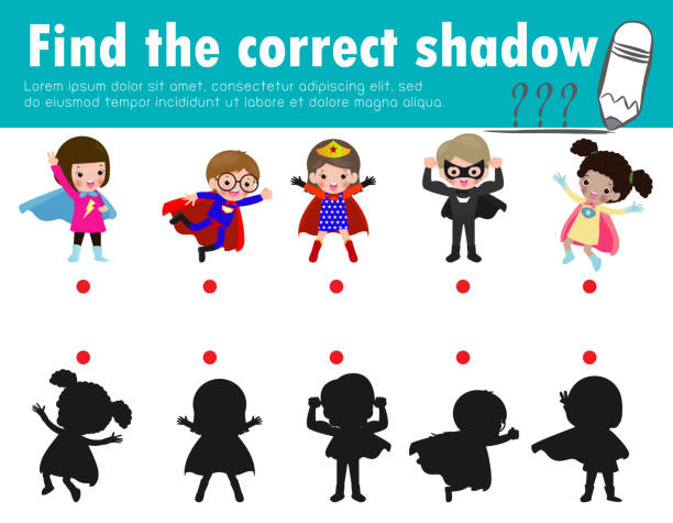 Cute little superhero kids ,Find the correct shadow. Educational game for children, Shadow Matching Game for kids, Visual game for kid. Connect the dots picture,Education Vector Illustration. Cute little superhero kids ,Find the correct shadow. Educational game for children, Shadow Matching Game for kids, Visual game for kid. Connect the dots picture,Education Vector Illustration. puzzle silhouettes stock illustrations