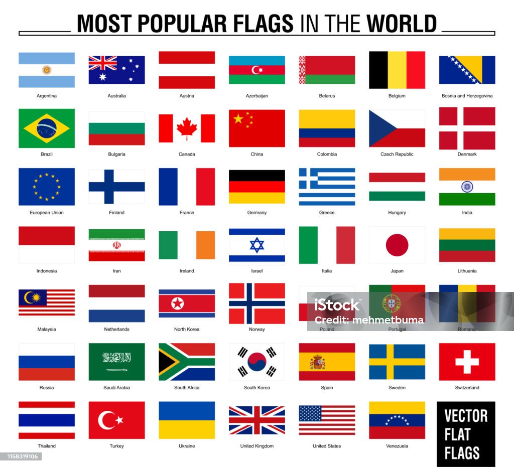 Коллекция флагов, самых популярных мировых флагов - Векторная графика Флаг роялти-фри