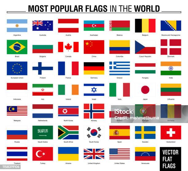 Коллекция Флагов Самых Популярных Мировых Флагов — стоковая векторная графика и другие изображения на тему Флаг - Флаг, Страна - географический объект, Вымпел