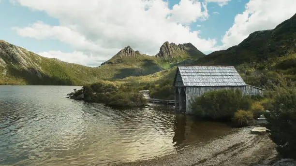 the old boat shed on the shore of dove lake at cradle mt in tasmania