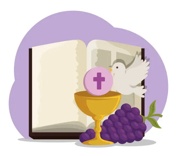 Vector illustration of bible with chalice and grapes to first communion
