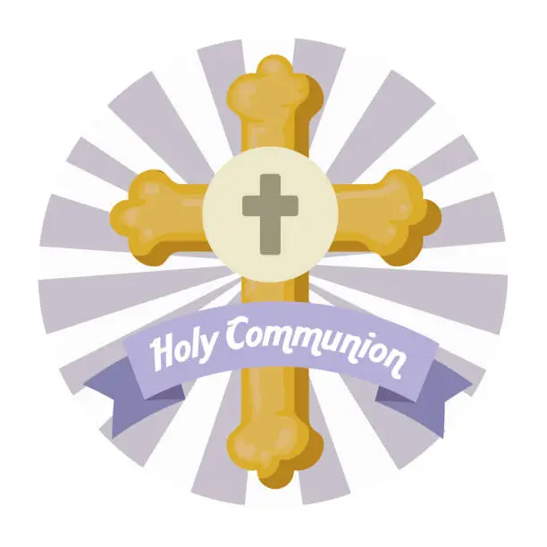 Vector illustration of cross with holy host with ribbon to first communion