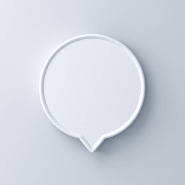 Blank white round speech bubble pin isolated on white wall background with shadow