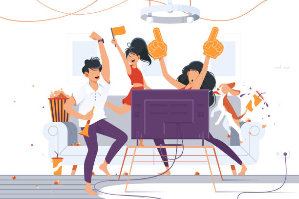 Football fans in front of tv Happy people watching important match and discussing sport game. Girl in red shirt wearing fans giant yellow hands gloves with pointing finger flat style concept excited football fan cheering for his team on tv stock illustrations