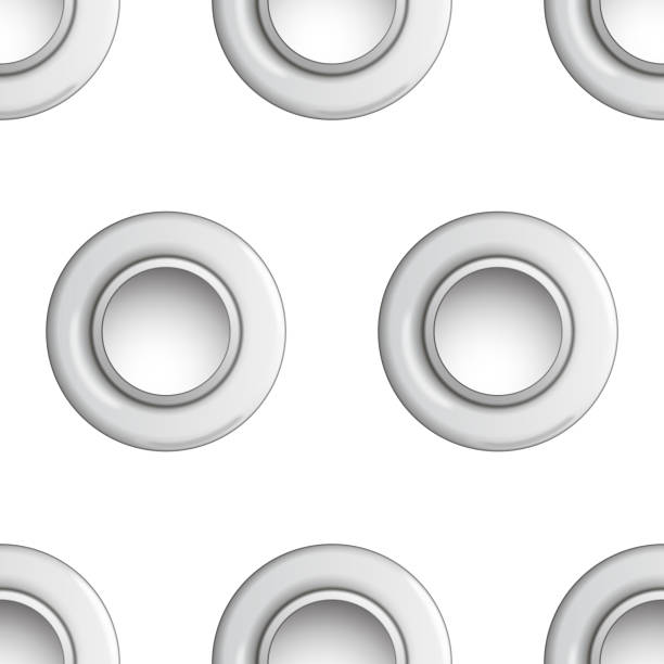 A Silver Eyelet Polka Dot Seamless Pattern Silver eyelet seamless pattern isolated on white background. Metal polka dot with hole imitation. Vector repaet wallpaper with silver rings, fashion textile print, abstract geometric backdrop. eyelet stock illustrations