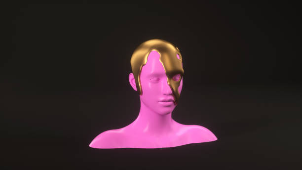 abstract mannequin female head with golden liquid on background. fashion woman. pink human face. 3d render illustration - mannequin naked female doll imagens e fotografias de stock
