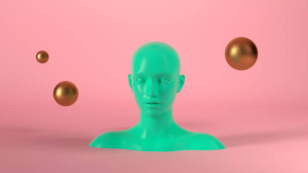 abstract mannequin female head with golden spheres balls on background. fashion woman. green human face. 3d render illustration - mannequin naked female doll imagens e fotografias de stock