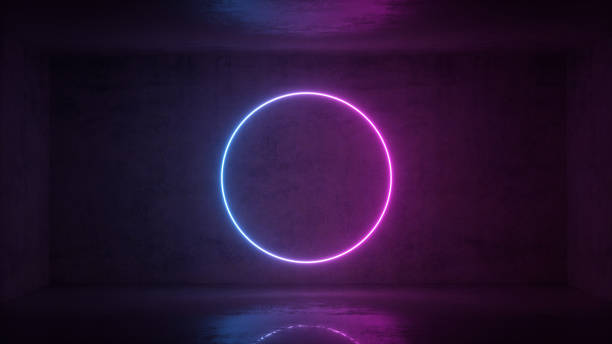 3d render of neon circle frame on background in the room. Banner design. Retrowave, synthwave, vaporwave illustration.