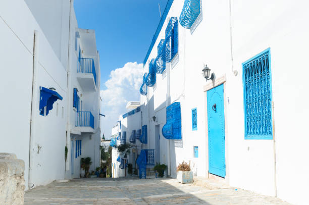 Narrow Tunis street with white houses. Narrow Tunis street with white houses. sousse tunisia stock pictures, royalty-free photos & images