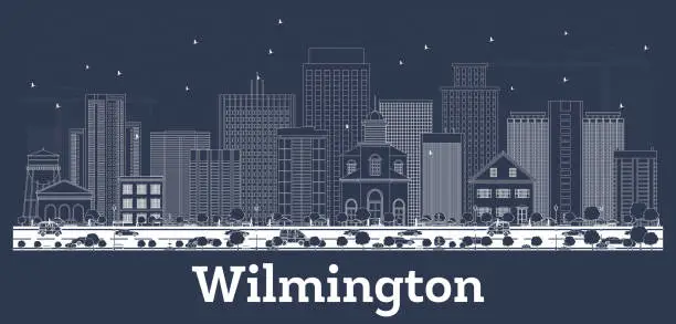 Vector illustration of Outline Wilmington Delaware City Skyline with White Buildings.