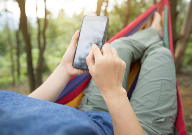 istock Relaxing in hammock with smartphone in forest 1158336269