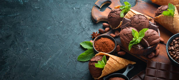 istock Chocolate ice cream with chocolate. Top view. Free space for your text. 1158337569