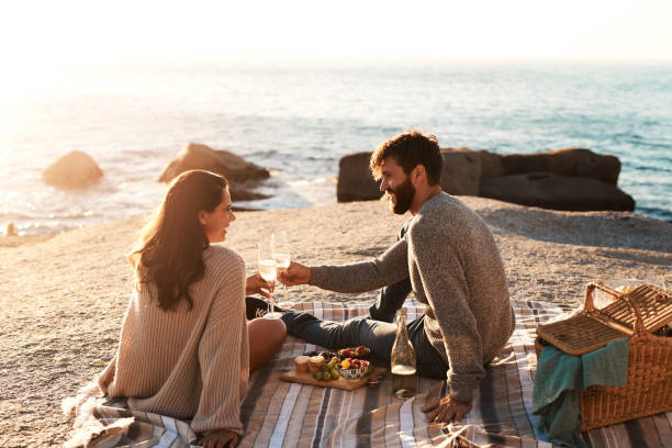 One great date deserves many more Shot of a happy young couple having a picnic and toasting with wine at the beach picnic stock pictures, royalty-free photos & images