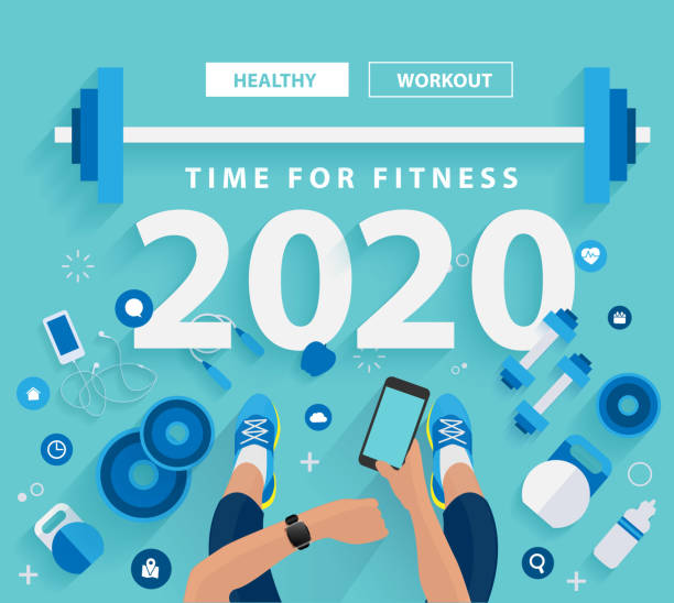 2020 new year time for fitness in gym healthy lifestyle ideas concept design, Vector illustration modern layout template Fitness woman hand with wearing watchband touchscreen smartwatch with holding mobile phone, View from above studio shot on wooden floor background exercise background stock illustrations