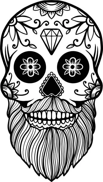 Vector illustration of Hand drawn mexican bearded sugar skull isolated on white background. Design element for poster, card, banner, t shirt, emblem, sign. Vector illustration