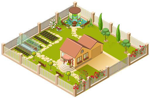 Country house and large garden with pergola, greenhouse and flowers. 3d isometric illustration