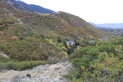 A large home in the foothills of the Wasatch mountains finds itself surrounded by peak fall foliage in late October.