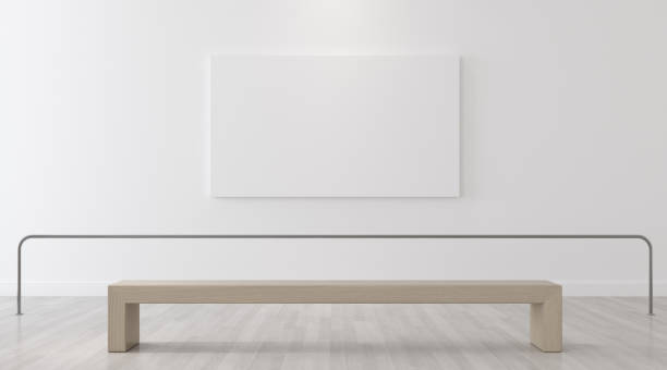 mock-up de interior de la galería con marco de imagen de lienzo blanco en la pared blanca, espacio del museo del arte con la silla de madera, renderizado 3d - art museum museum architecture bench fotografías e imágenes de stock