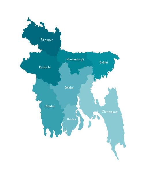 ilustraciones, imágenes clip art, dibujos animados e iconos de stock de ilustración aislada vectorial del mapa administrativo simplificado de bangladesh. bordes y nombres de las regiones. siluetas de color azul caqui. - bangladesh map