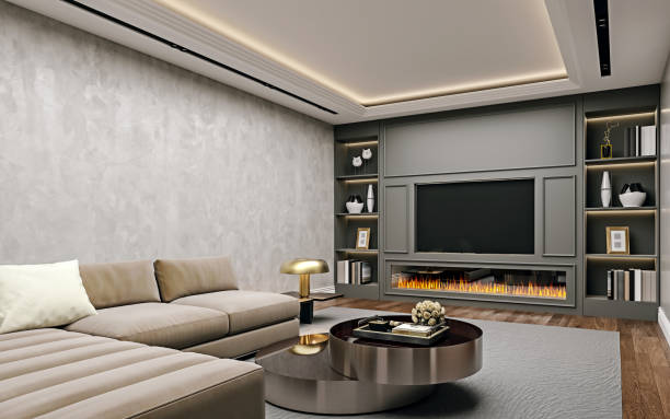 Modern interior design of living room in basement, angled close up view of tv wall with book shelves, stucco plaster, wooden flooring, 3d rendering Modern interior design of living room in basement, angled close up view of tv wall with book shelves, stucco plaster, wooden flooring, 3d rendering basement stock pictures, royalty-free photos & images