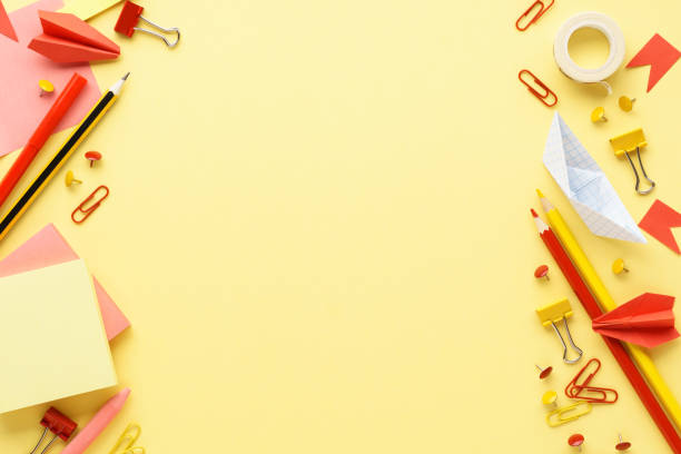 istock Back to school background with various red and yellow stationery. 1158352918