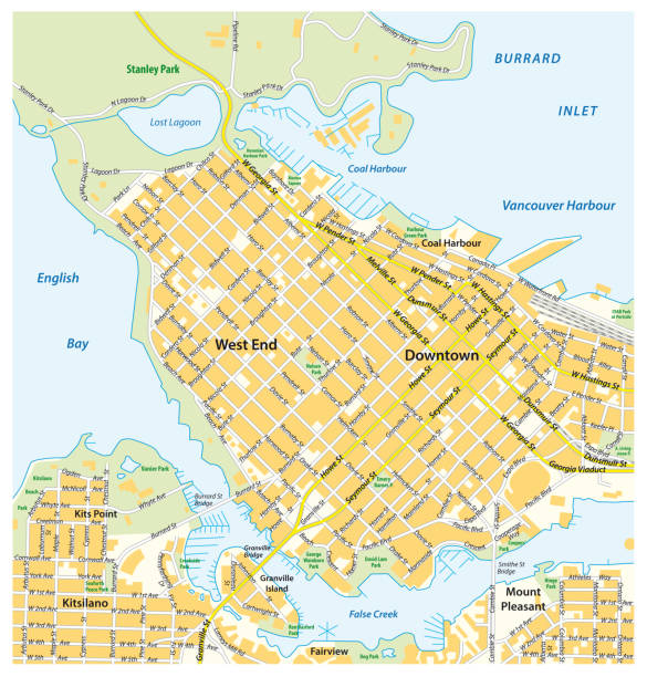 Detailed street map of downtown Vancouver, British Columbia, Canada Detailed street map of downtown Vancouver, British Columbia, Canada vancouver financial district stock illustrations