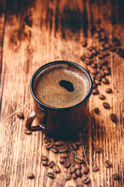 istock Brewed black coffee in metal mug 1158355276