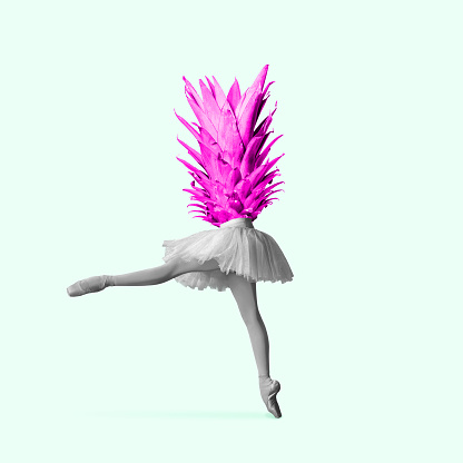 An altrnative ballet or dancer headed by pineapple against grey background. Negative space to insert your text or ad. Modern design. Contemporary art. Creative conceptual and colorful collage.
