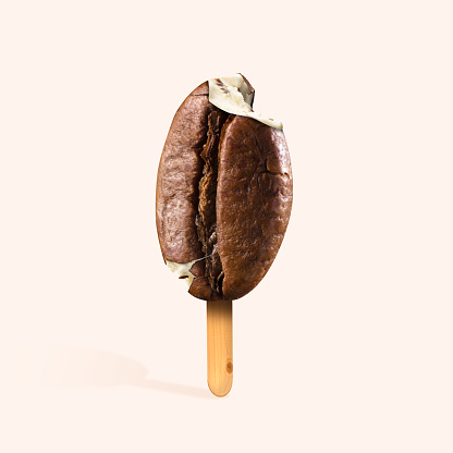 An altrnative and natural icecream as a coffee against background. Negative space to insert your text or ad. Modern design. Contemporary art. Creative conceptual and colorful collage.