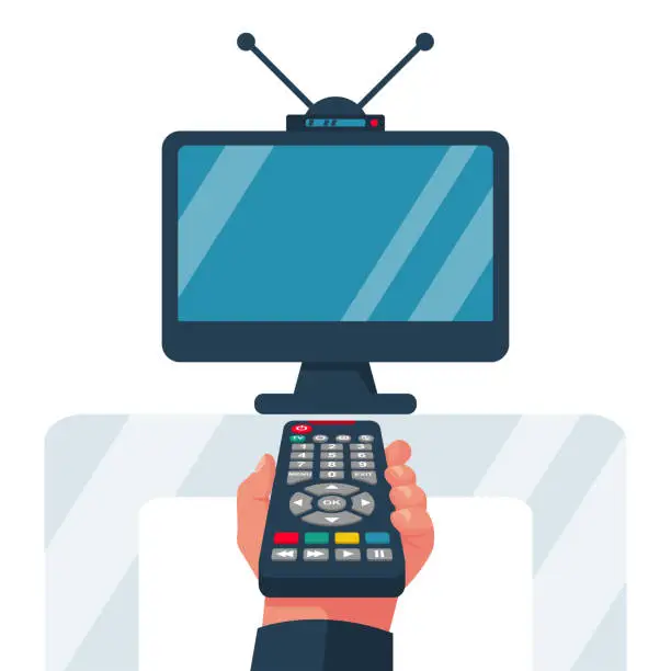 Vector illustration of Turn on the TV. Remote control holding in hand. Social media.