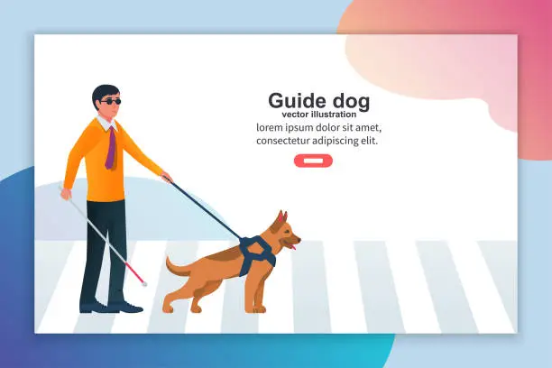 Vector illustration of Template landing page blind man character with guide dog.