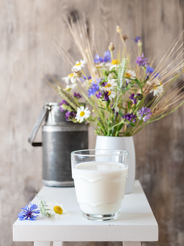 Drink, Milk Product, Wood, Rural Scene, Drinking Glass, Bunch of Flowers, Cereal Plant, Milk Jug, Wooden Stool