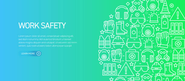 Work Safety Related Banner Template with Line Icons. Modern vector illustration for Advertisement, Header, Website. Work Safety Related Banner Template with Line Icons. Modern vector illustration for Advertisement, Header, Website. working backgrounds stock illustrations