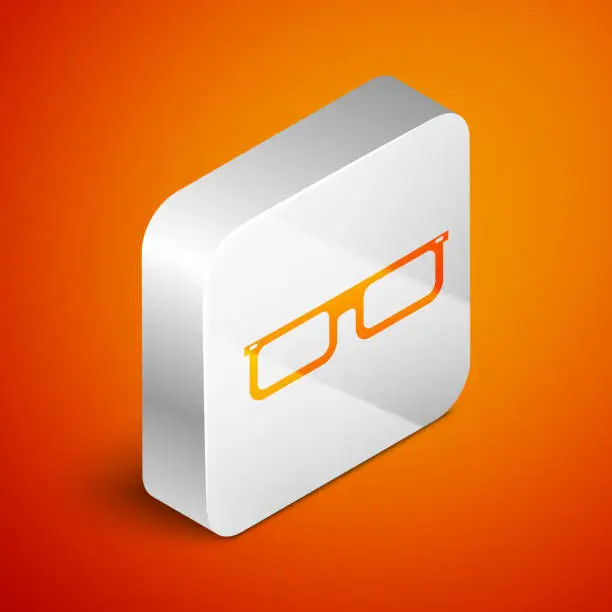 Vector illustration of Isometric Glasses icon isolated on orange background. Eyeglass frame symbol. Silver square button. Vector Illustration